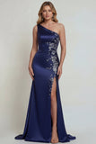 Vestido Comprido Sereia Marinha com Um Ombro e Aplicações para Mãe da Noiva