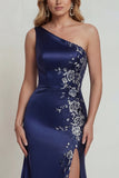 Vestido Comprido Sereia Marinha com Um Ombro e Aplicações para Mãe da Noiva