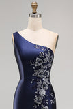 Vestido Comprido Sereia Marinha com Um Ombro e Aplicações para Mãe da Noiva