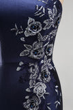 Vestido Comprido Sereia Marinha com Um Ombro e Aplicações para Mãe da Noiva