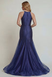 Vestido Comprido Sereia Marinha com Decote Halter e Buraco de Fechadura para Mãe da Noiva