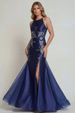 Vestido Comprido Sereia Marinha com Decote Halter e Buraco de Fechadura para Mãe da Noiva