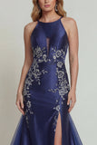 Vestido Comprido Sereia Marinha com Decote Halter e Buraco de Fechadura para Mãe da Noiva