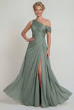 Vestido de Mãe da Noiva Sálvia Poeirenta Um Ombro Linha A Franzido de Chiffon com Fenda