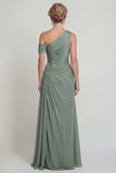 Vestido de Mãe da Noiva Sálvia Poeirenta Um Ombro Linha A Franzido de Chiffon com Fenda