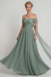Chiffon Ombro Descoberto Vestido de Mãe da Noiva Sálvia Empoeirado com Serpentina