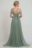 Chiffon Ombro Descoberto Vestido de Mãe da Noiva Sálvia Empoeirado com Serpentina