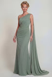 Vestido de Mãe da Noiva em Chiffon de Sálvia Poeirenta com Capa Lateral