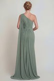 Vestido de Mãe da Noiva em Chiffon de Sálvia Poeirenta com Capa Lateral