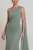 Vestido de Mãe da Noiva em Chiffon de Sálvia Poeirenta com Capa Lateral