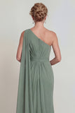 Vestido de Mãe da Noiva em Chiffon de Sálvia Poeirenta com Capa Lateral