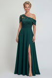 Vestido de Mãe da Noiva Verde Escuro de Um Ombro A Aplicado com Abertura