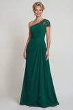 Vestido de Mãe da Noiva de Chiffon Verde Escuro de um ombro