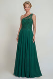 Vestido de Mãe da Noiva Verde Verde Escuro Linha A Um Ombro Longo em Chiffon com Bordados