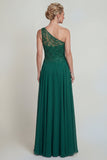 Vestido de Mãe da Noiva Verde Verde Escuro Linha A Um Ombro Longo em Chiffon com Bordados