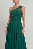 Vestido de Mãe da Noiva Verde Verde Escuro Linha A Um Ombro Longo em Chiffon com Bordados