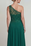 Vestido de Mãe da Noiva Verde Verde Escuro Linha A Um Ombro Longo em Chiffon com Bordados