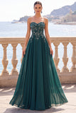 Vestido formal longo verde-escuro, sem alças, floral com missangas e contas