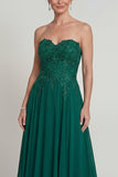 Vestido Comprido Verde Escuro Brilhante em Linha A para Mãe da Noiva com Aplicações de Missangas