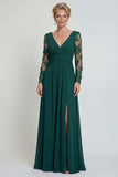 Vestido Comprido Verde Escuro em Linha-A com Aplicações e Mangas para Mãe da Noiva