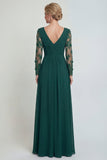 Vestido Comprido Verde Escuro em Linha-A com Aplicações e Mangas para Mãe da Noiva