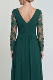 Vestido Comprido Verde Escuro em Linha-A com Aplicações e Mangas para Mãe da Noiva