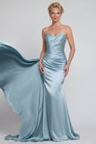 Vestido Comprido Azul Sereia Sem Alças em Cetim para Mãe da Noiva com Capa