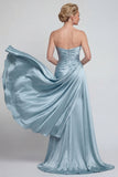 Vestido Comprido Azul Sereia Sem Alças em Cetim para Mãe da Noiva com Capa