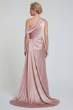 Blush de sereia Um ombro Cetim Longo Vestido de Mãe da Noiva