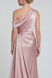 Blush de sereia Um ombro Cetim Longo Vestido de Mãe da Noiva