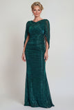 Vestido Longo Sereia Verde Escuro Drapeado para Mãe da Noiva com Capa