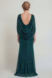 Vestido Longo Sereia Verde Escuro Drapeado para Mãe da Noiva com Capa