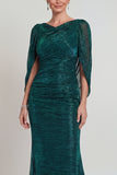 Vestido Longo Sereia Verde Escuro Drapeado para Mãe da Noiva com Capa