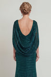 Vestido Longo Sereia Verde Escuro Drapeado para Mãe da Noiva com Capa