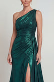 Vestido metálico de sereia verde escuro verde escuro com fenda