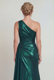 Vestido metálico de sereia verde escuro verde escuro com fenda
