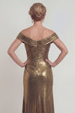 Vestido Comprido Dourado Metálica com Ombros a Ombro e Drapeado para Mãe da Noiva