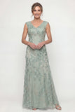 Vestido Comprido Verde de Linha-A com Decote em V e Aplicações de Pérolas Brilhantes para Mãe da Noiva