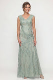 Vestido Comprido Verde de Linha-A com Decote em V e Aplicações de Pérolas Brilhantes para Mãe da Noiva