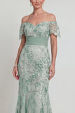 Vestido Comprido Sereia Verde Brilhante com Lantejoulas para a Mãe da Noiva