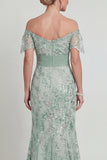 Vestido Comprido Sereia Verde Brilhante com Lantejoulas para a Mãe da Noiva