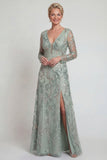 Vestido Mãe da Noiva de Longo Linha A Verde com Fenda e Mangas