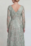 Vestido Mãe da Noiva de Longo Linha A Verde com Fenda e Mangas