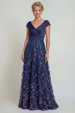 Vestido Comprido Marinha com Decote em V e Aplicações Linha-A para Mãe da Noiva