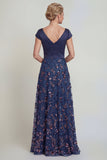Vestido Comprido Marinha com Decote em V e Aplicações Linha-A para Mãe da Noiva