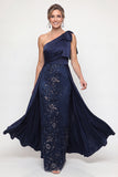 Vestido de Mãe da Noiva Longo com Um Ombro Marinha com Capa