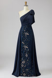 Vestido de Mãe da Noiva Longo com Um Ombro Marinha com Capa