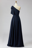 Vestido de Mãe da Noiva Longo com Um Ombro Marinha com Capa