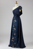Vestido de Mãe da Noiva Longo com Um Ombro Marinha com Capa