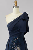 Vestido de Mãe da Noiva Longo com Um Ombro Marinha com Capa